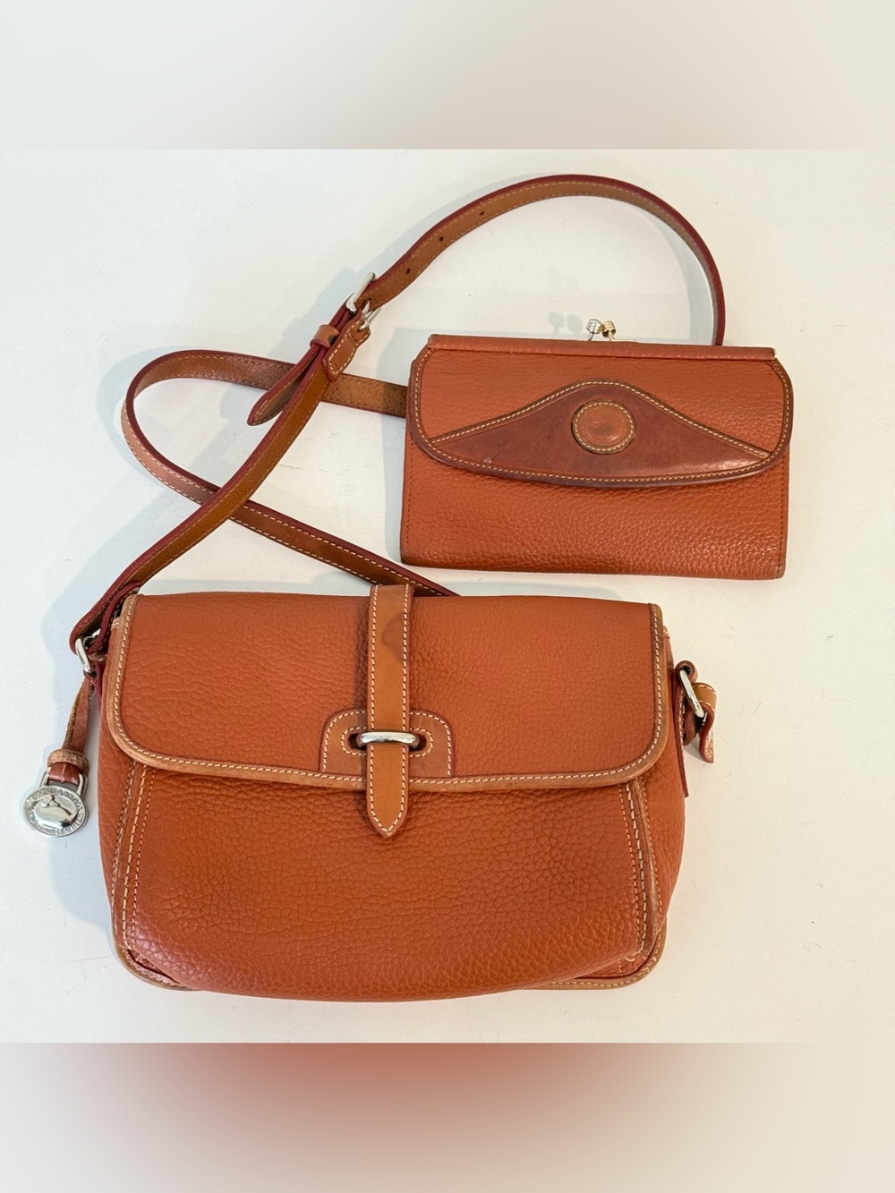 Vintage Dooney & Bourke USA Cognac Brown Pebbled Leather Crossbody & Wallet